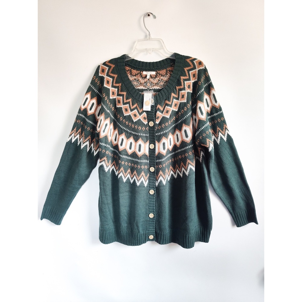 New Maurices Cardigan Sweater 3X Fair Isle Boho Winter Knit Button Up NWT Green